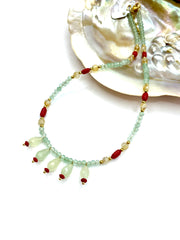 Pistachio agate/red corals/citrine necklace