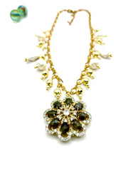 ''FLOWER BOMB'' CHARM NECKLACE ( PEARLS & LABRADORITE )