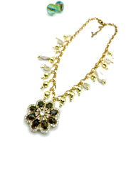 ''FLOWER BOMB'' CHARM NECKLACE ( PEARLS & LABRADORITE )
