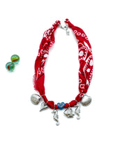 BANDANA NECKLACE RED / SILVER CHARMS ( ST.STEEL )