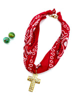 BANDANA CHOKER NECKLACE RED / CROSS ( ST.STEEL )