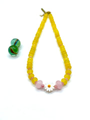 ''DAISY'' YELLOW JADE / PINK QUARTZ GEMSTONE NECKLACE