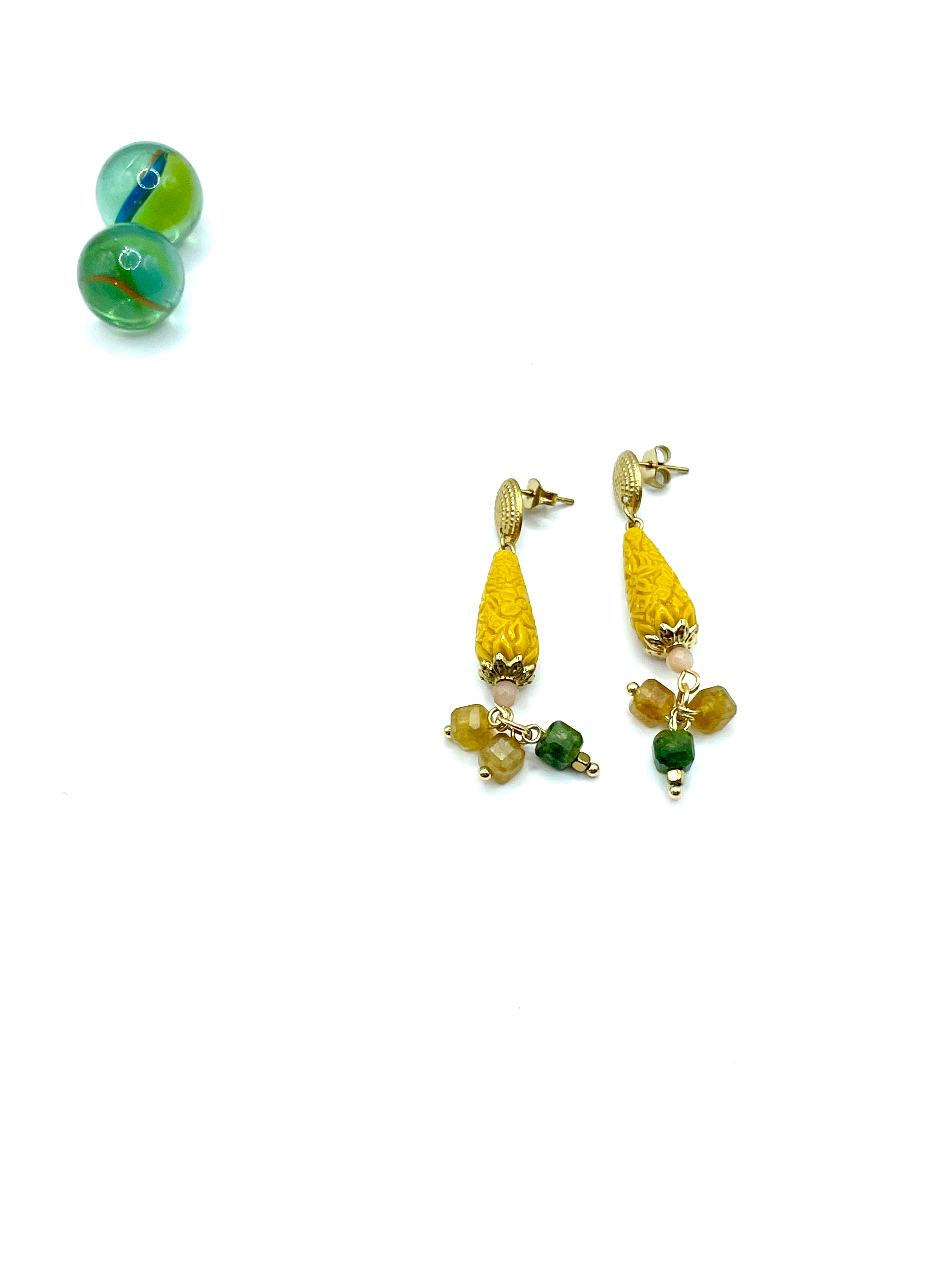 Carved resin & jade dangles
