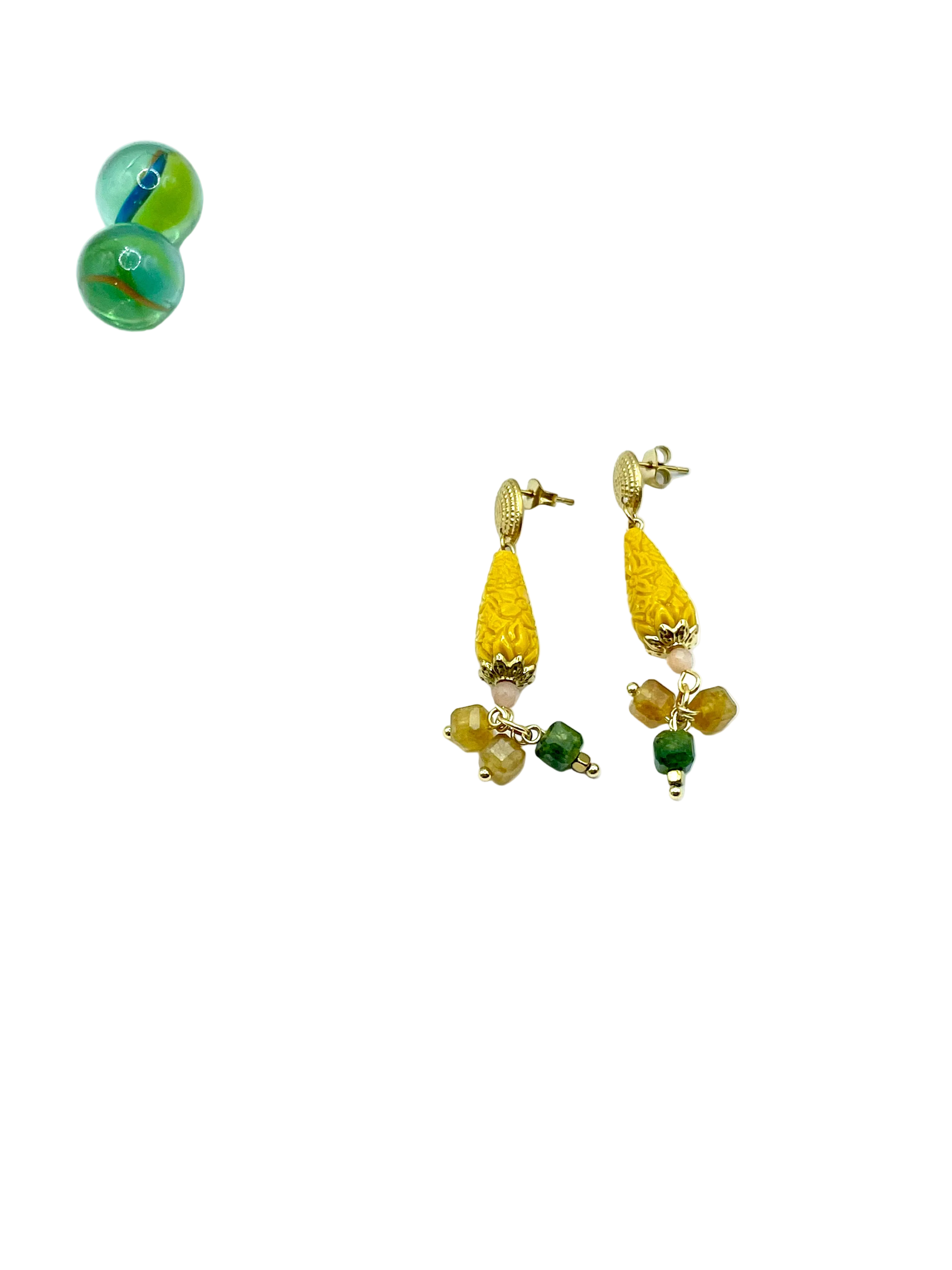 Carved resin & jade dangles