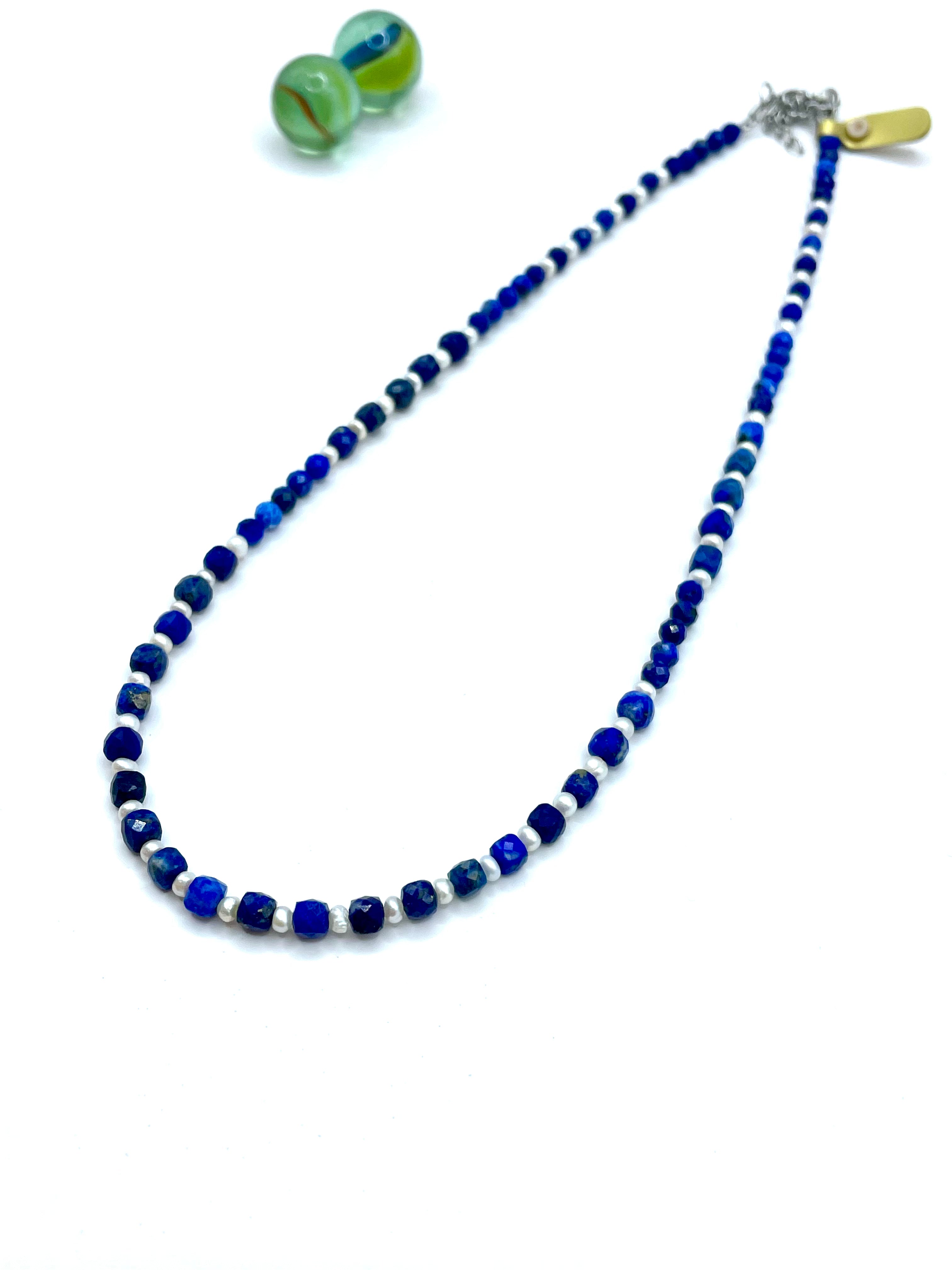 LAPIS LAZULI & WHITE FRESHWATER PEARLS NECKLACE