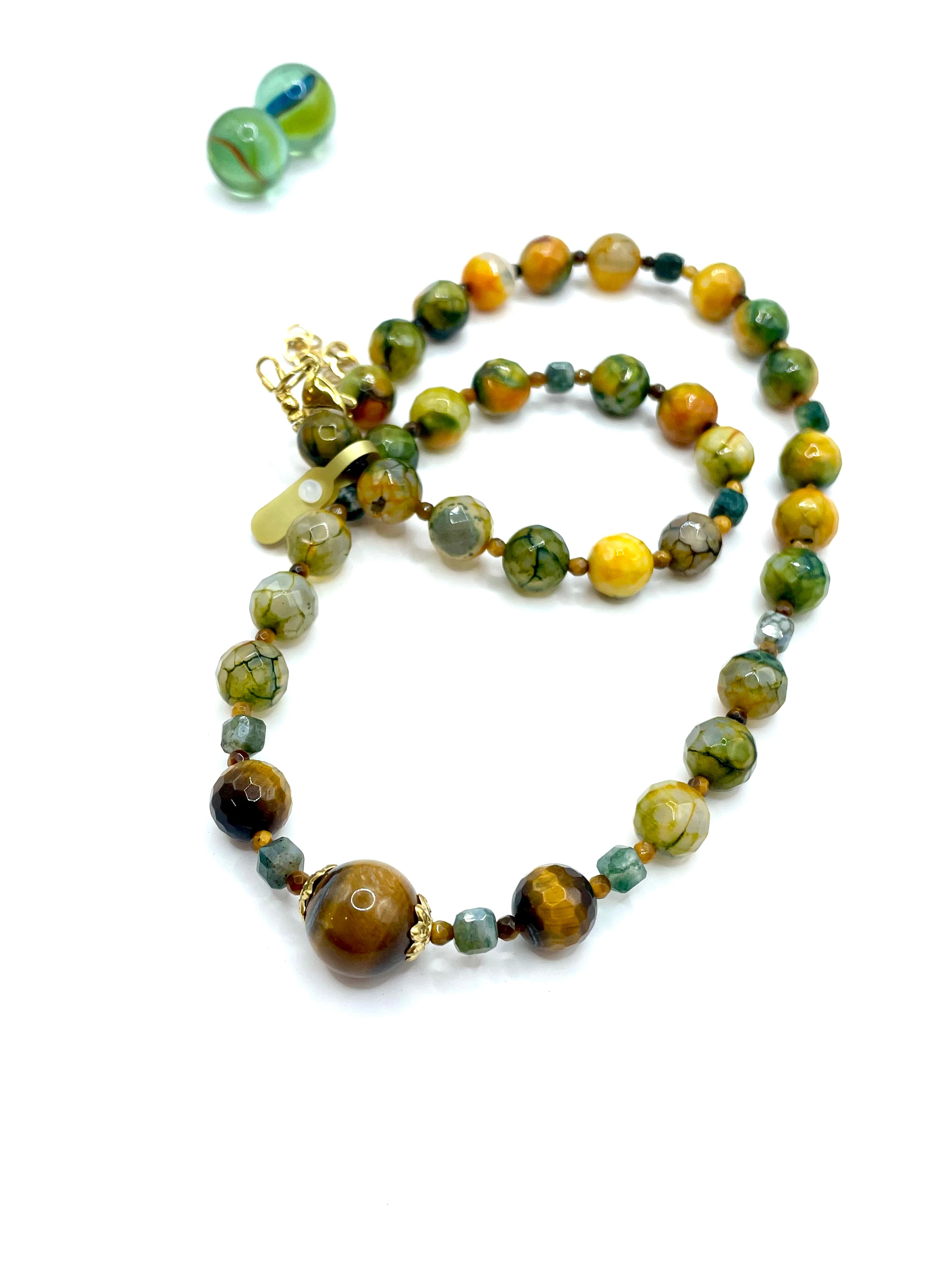 Yellow/green agate & tiger’s eye gemstone necklace