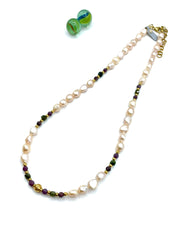Salmon pink pearls & rubies necklace
