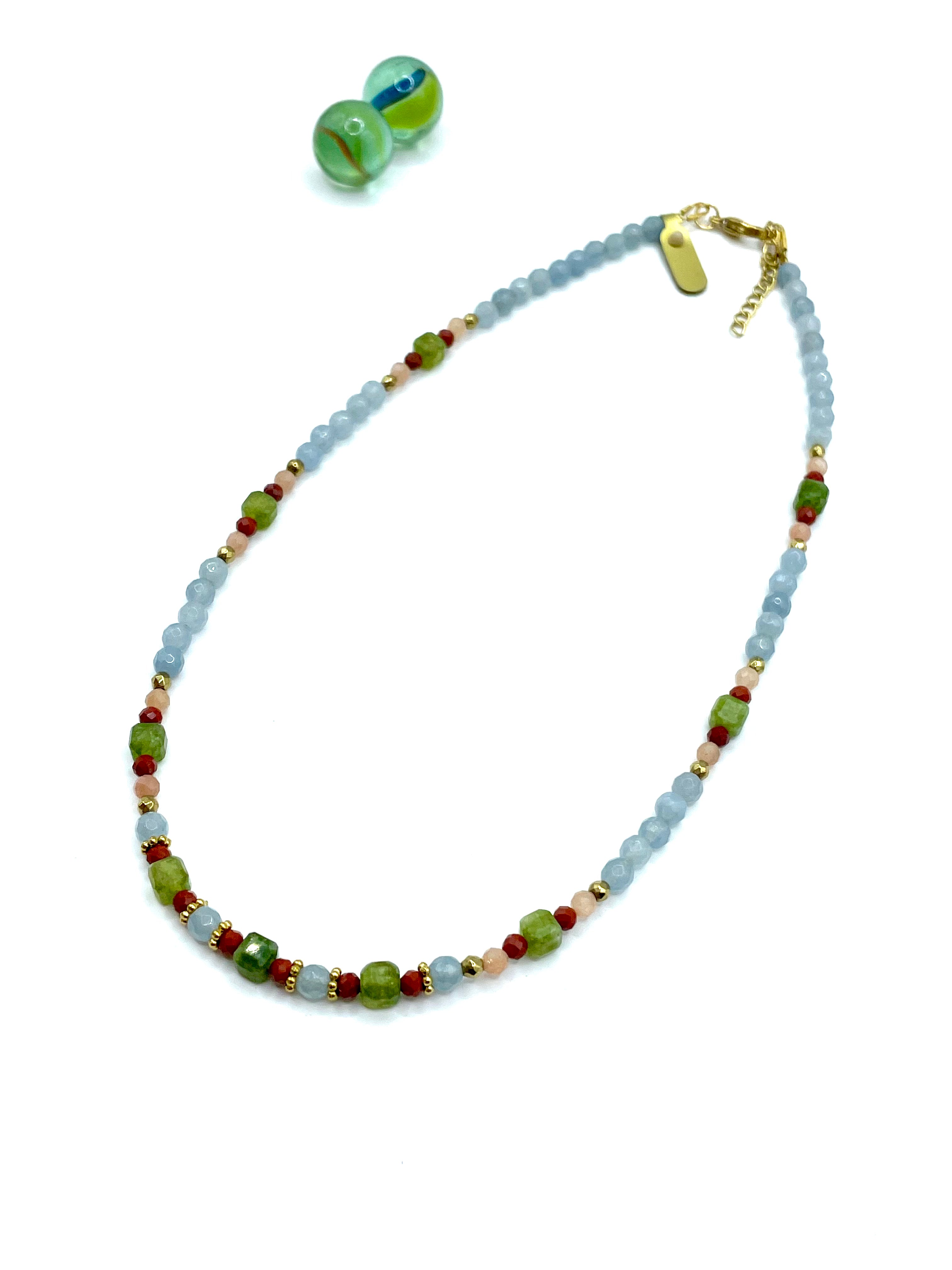 Agate & jade gemstone necklace ( ciel/green/red)