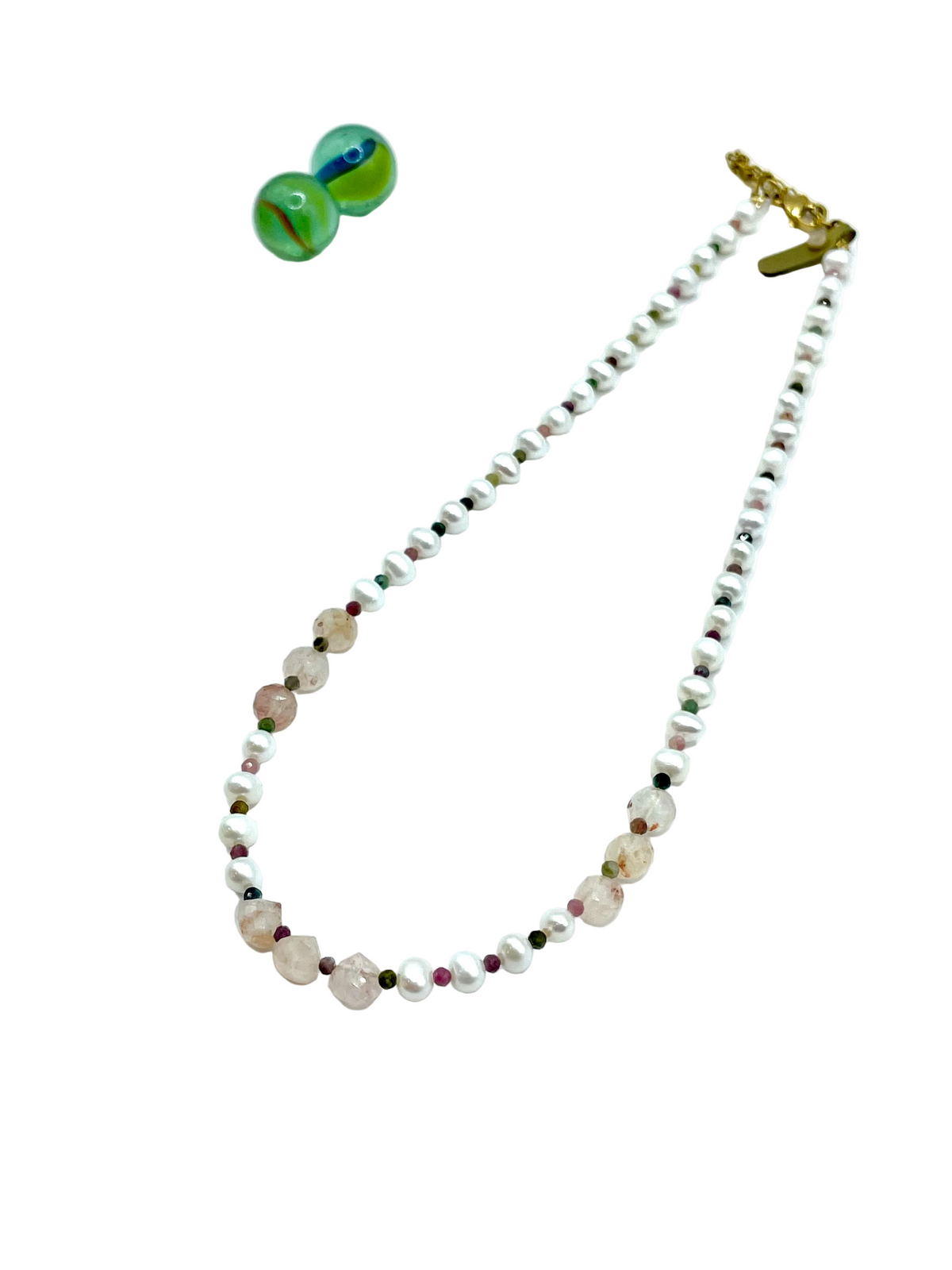 Freshwater pearls,tourmaline & pink quartz necklace