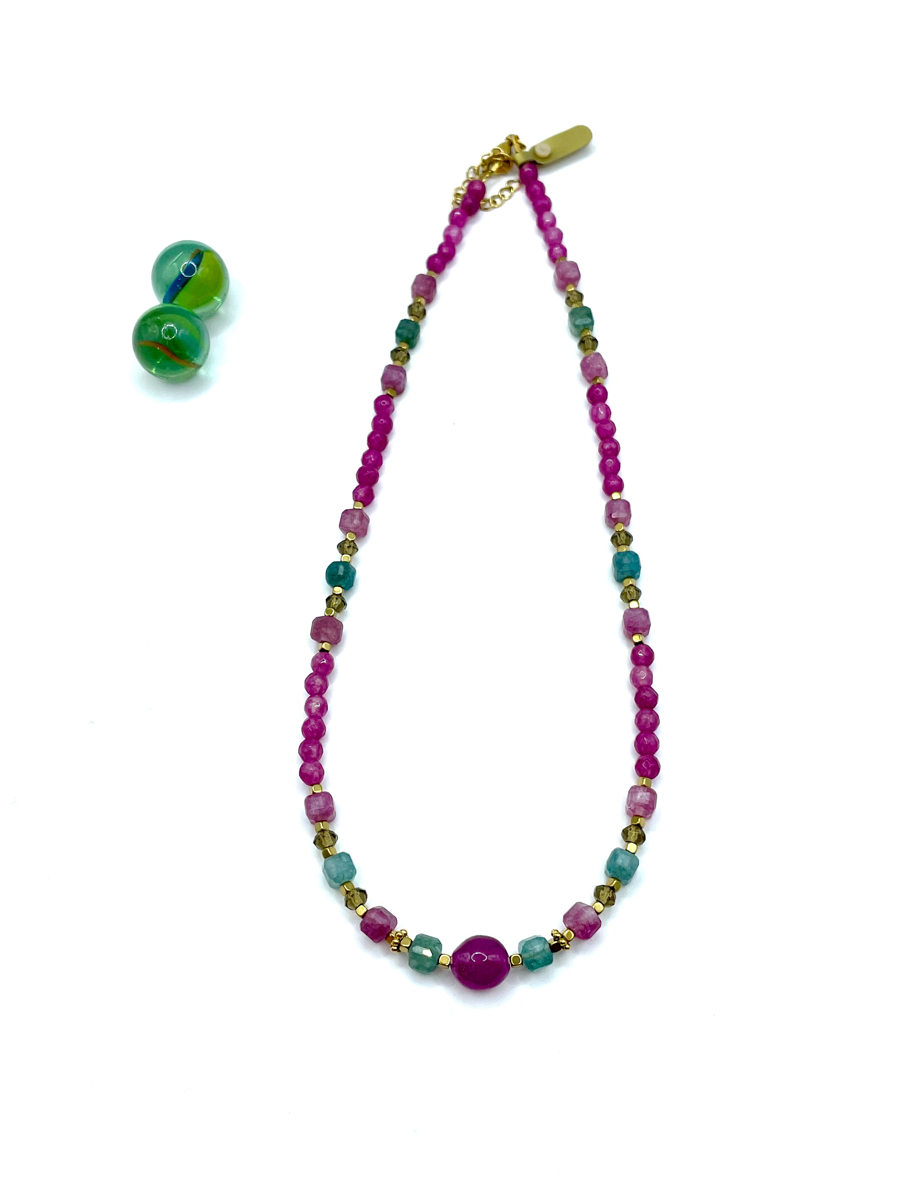 Agate & jade gemstone necklace (pink/petrol)