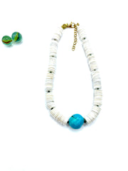 MOTHER OF PEARL DISKS & TURQUOISE STONE NECKLACE