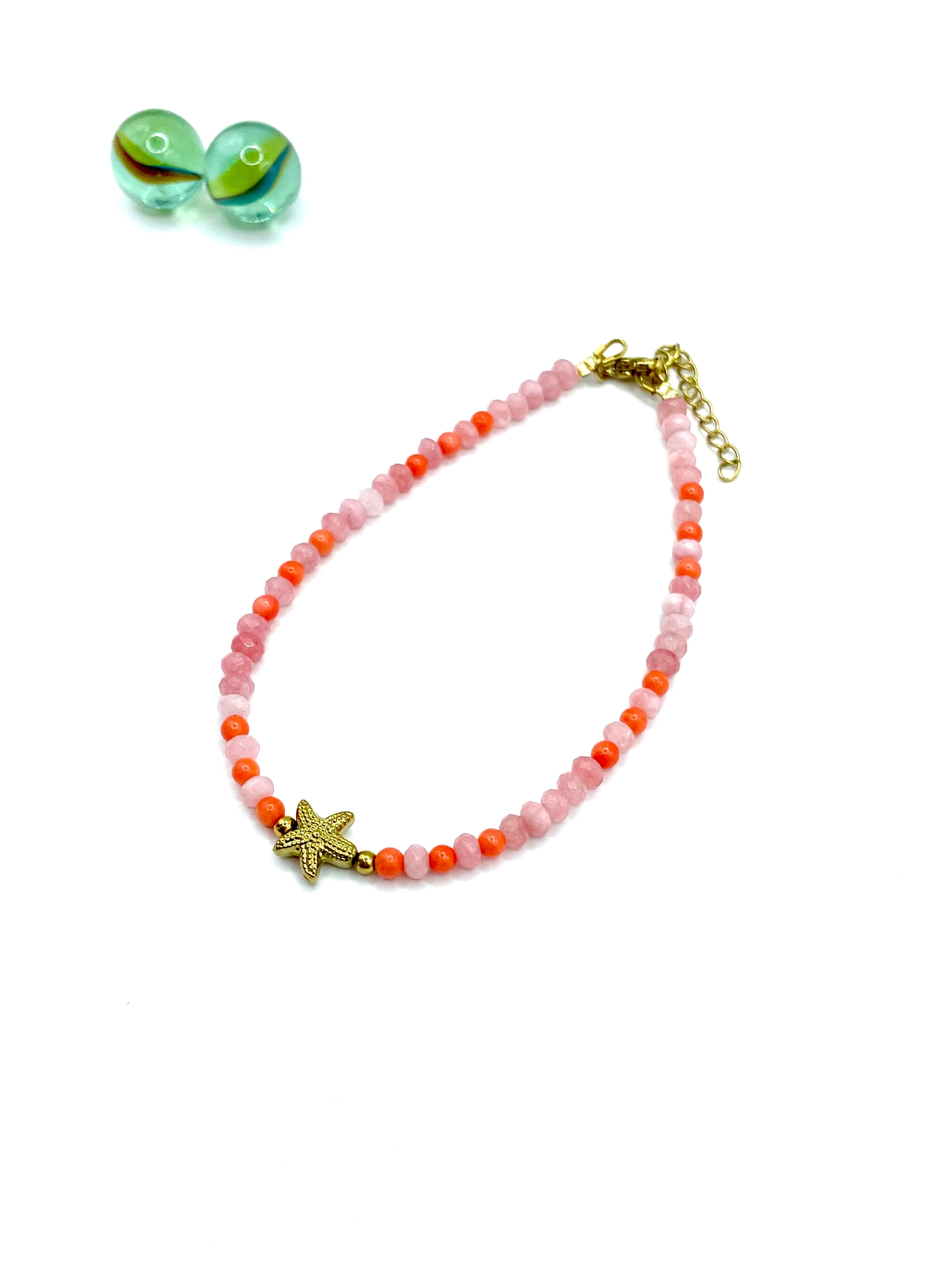 ''starfish'' gemstone anklet (orange corals/pink jade)