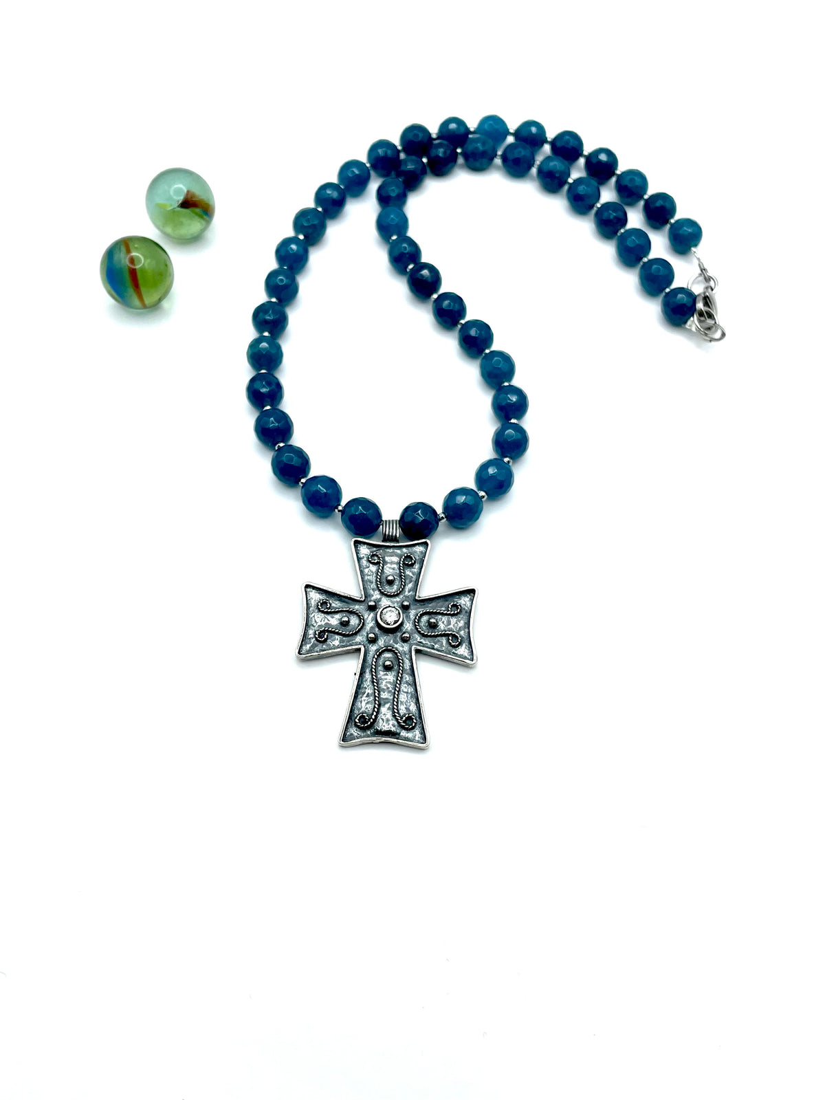''BLUE SKIES'' S925 CROSS & AGATE GEMSTONES