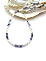 WHITE CULTIVATED PEARLS & FLUORITE NECKLACE