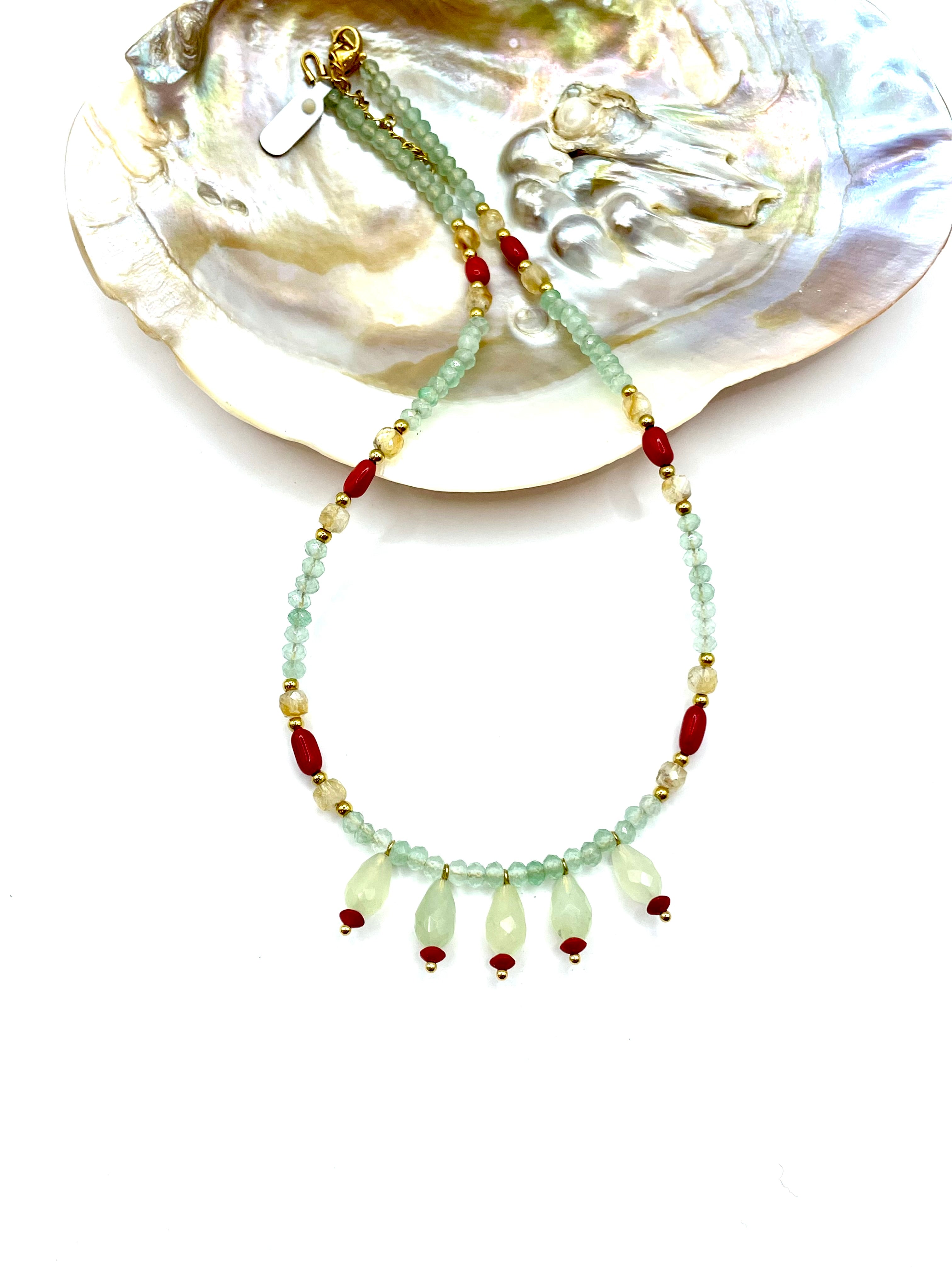Pistachio agate/red corals/citrine necklace