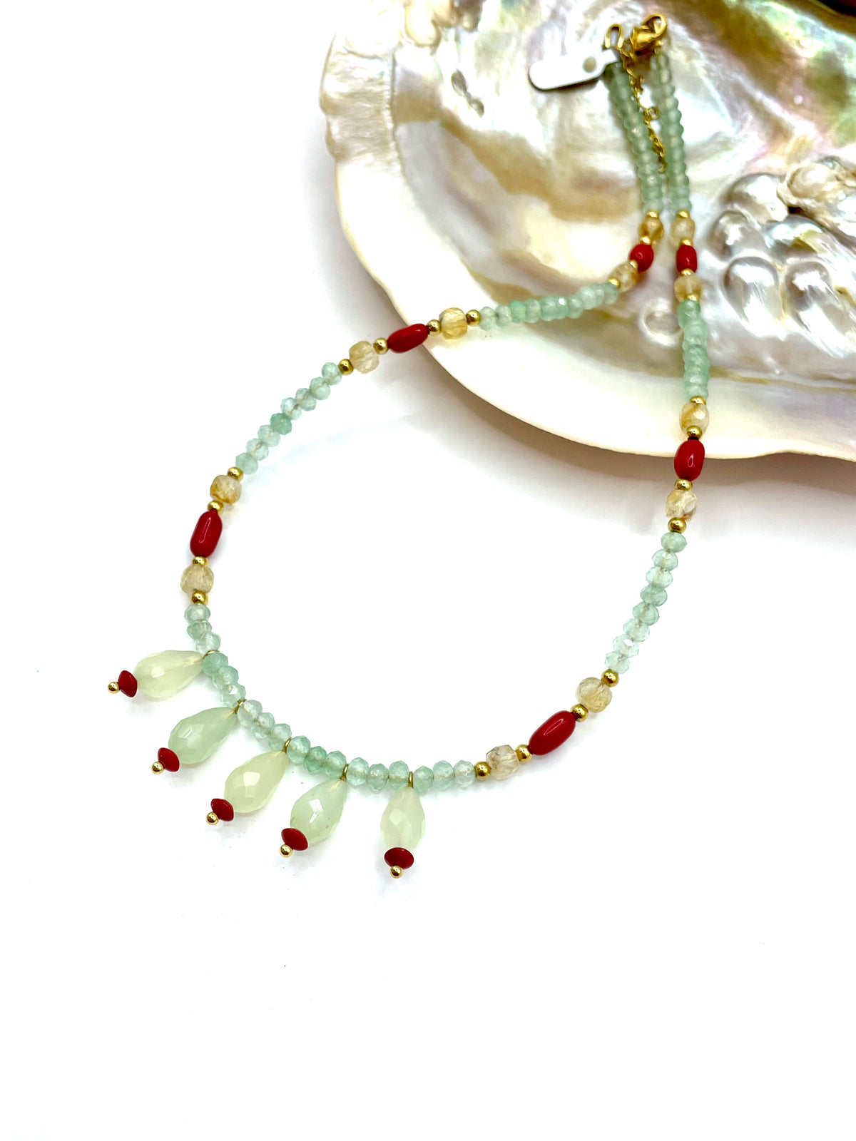 Pistachio agate/red corals/citrine necklace