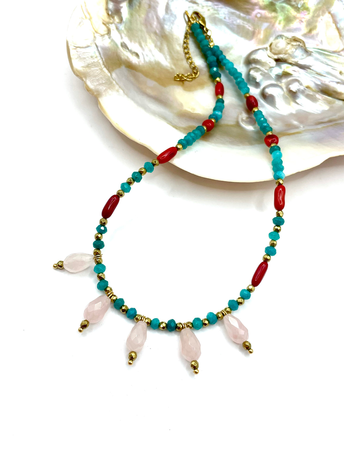 veraman jade/red corals/pink quartz necklace