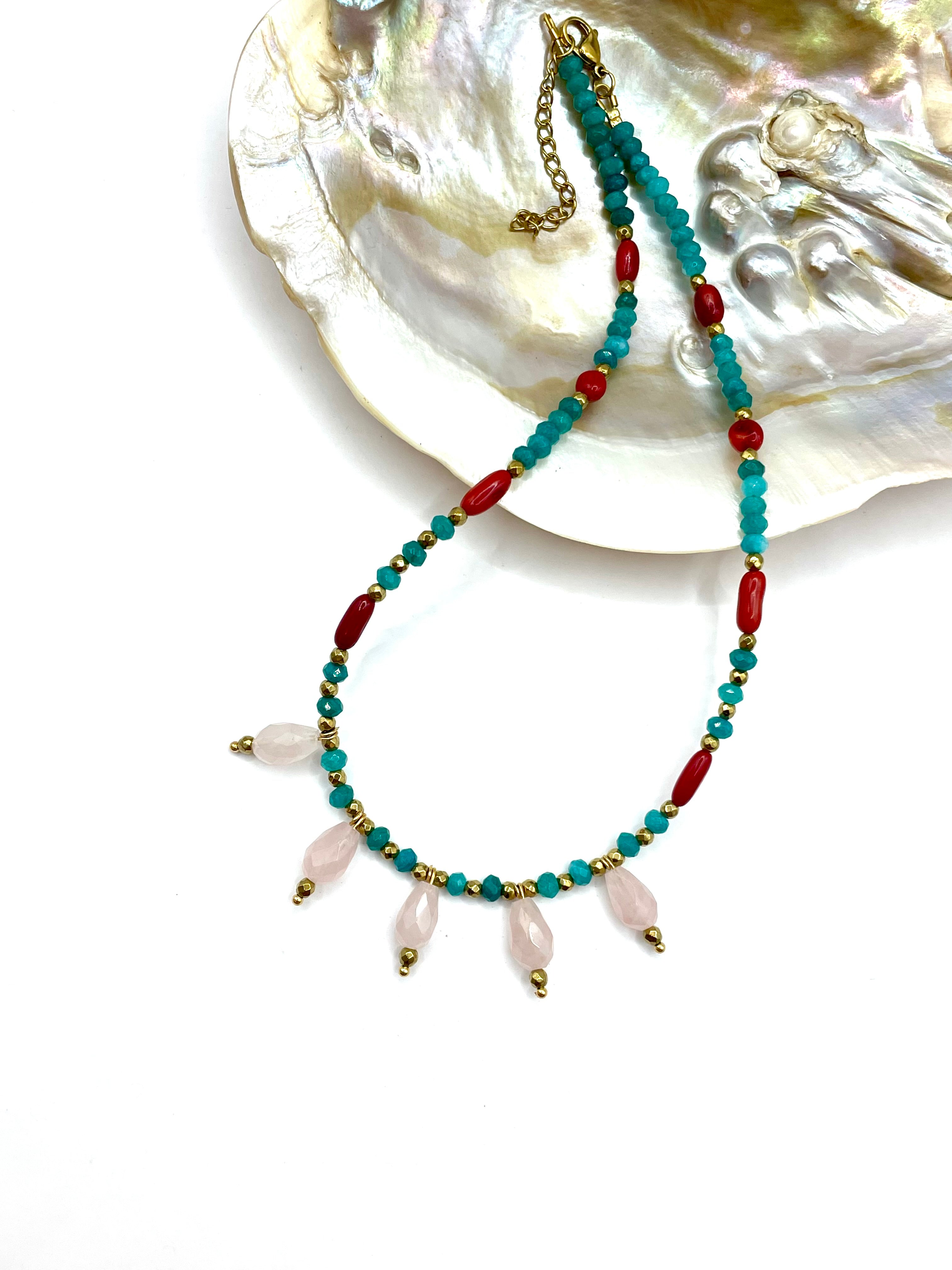 veraman jade/red corals/pink quartz necklace
