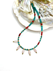 veraman jade/red corals/pink quartz necklace