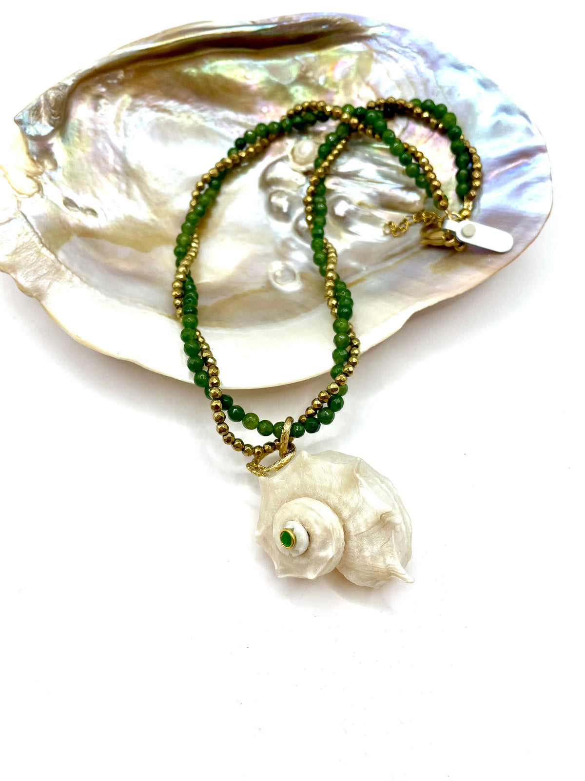 ''KOCHILIUM'' NECKLACE (olive green jade & antique gold hematite)