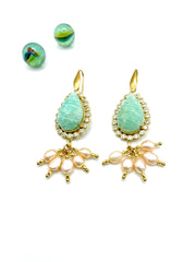 TURQUOISE & SALMON PINK PEARLS DANGLE EARRINGS