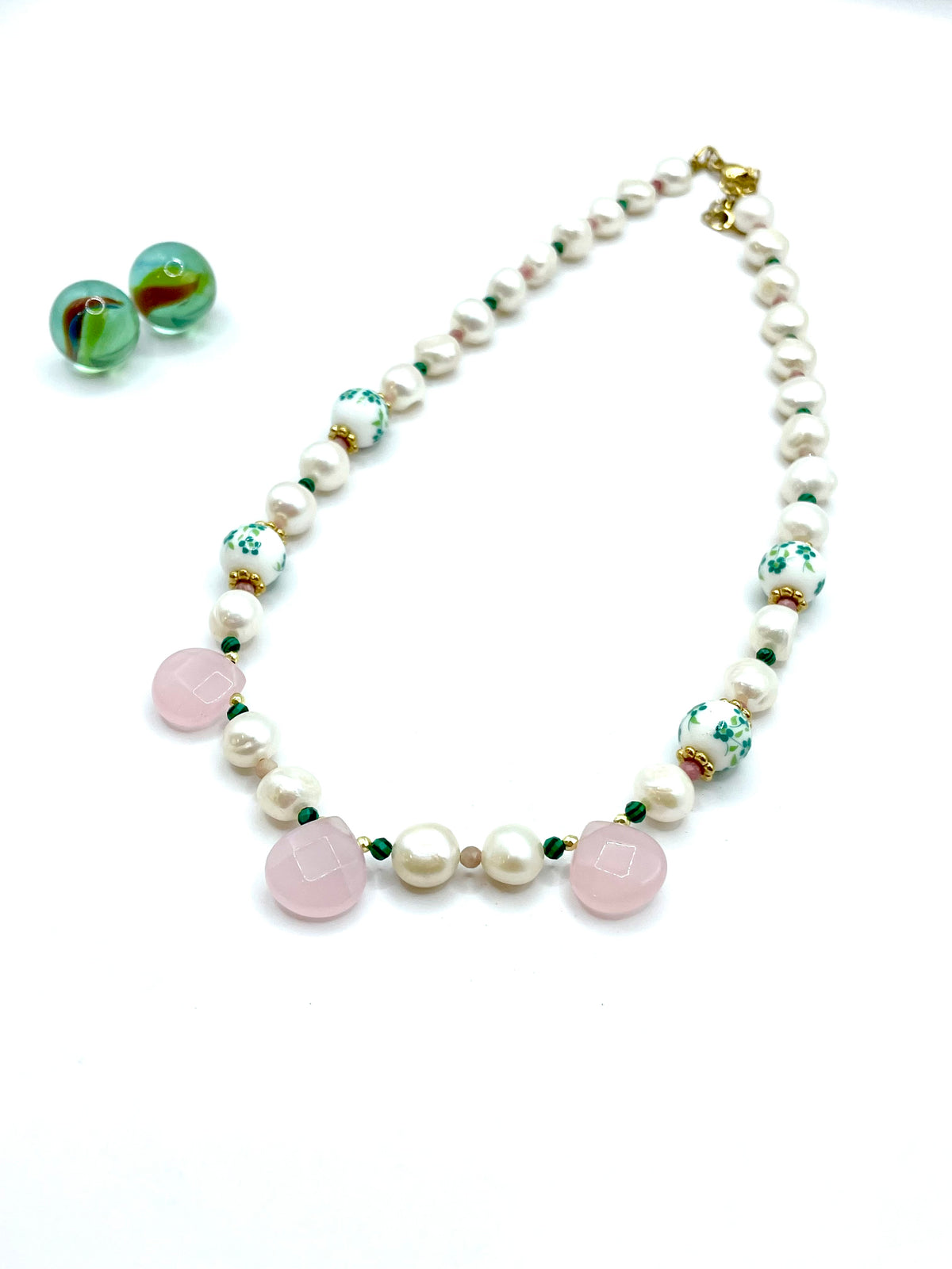 FRESHWATER PEARLS , PINK QUARTZ & ''PORCELAIN'' NECKLACE