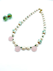 FRESHWATER PEARLS , PINK QUARTZ & ''PORCELAIN'' NECKLACE