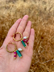 semi precious magenta/green small steel hoops