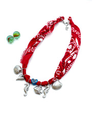 BANDANA NECKLACE RED / SILVER CHARMS ( ST.STEEL )