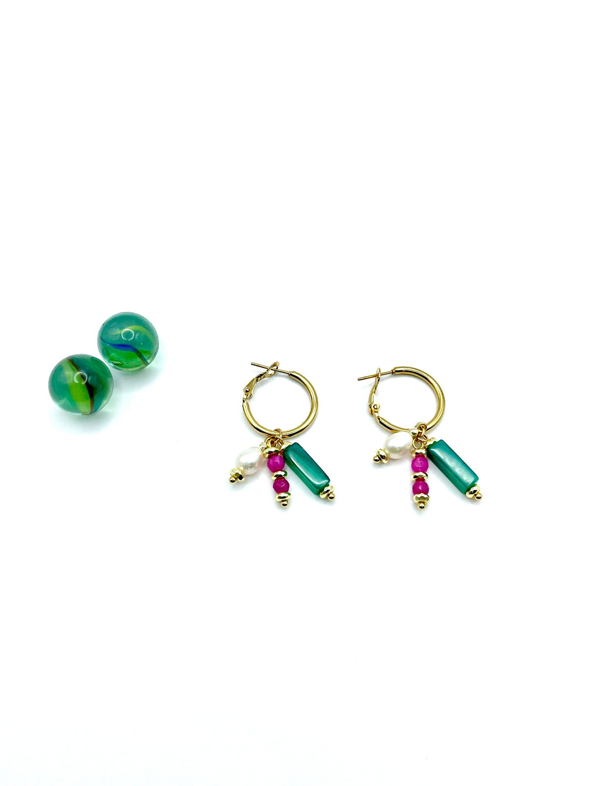 semi precious magenta/green small steel hoops