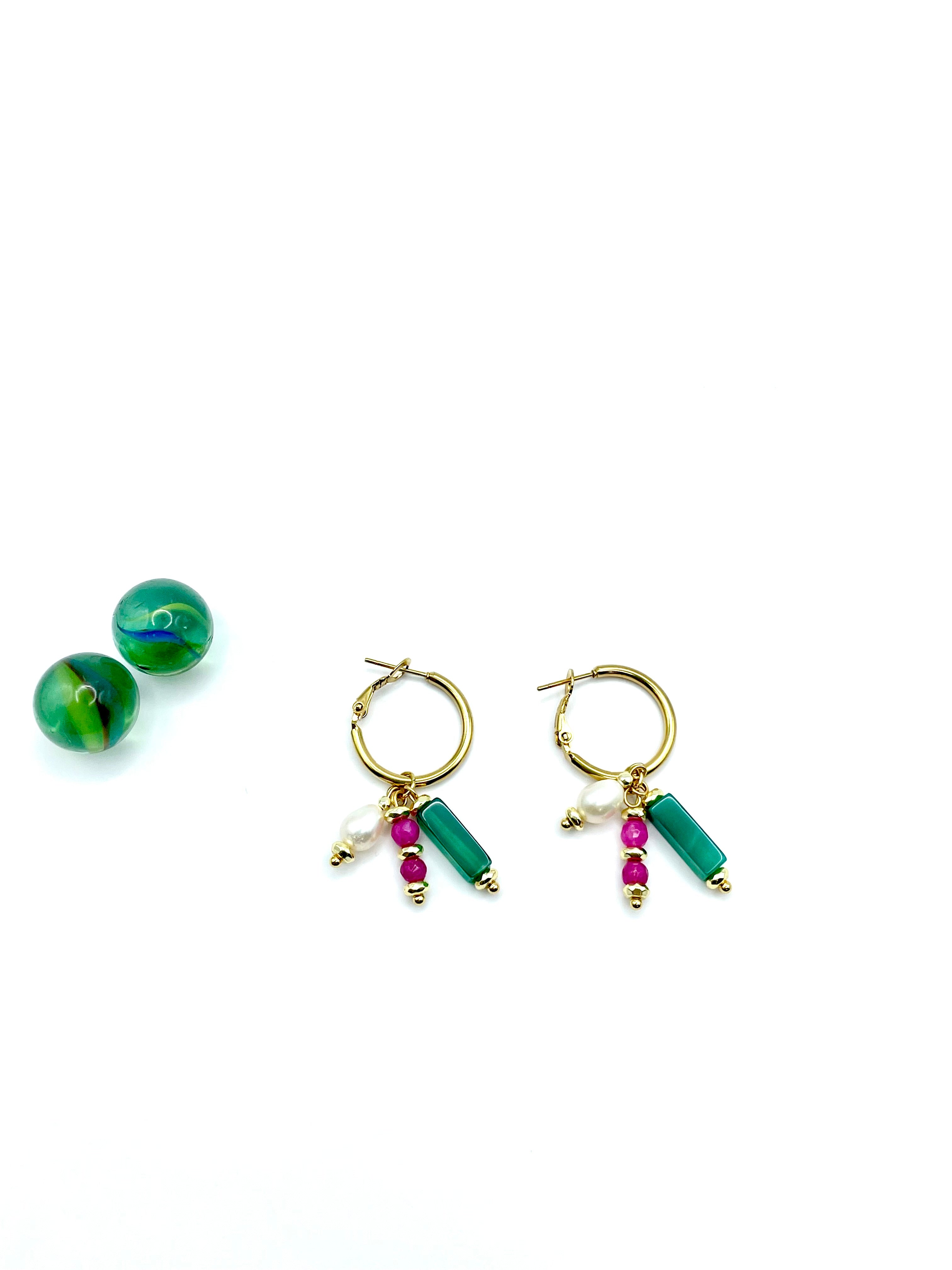 semi precious magenta/green small steel hoops
