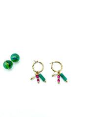 semi precious magenta/green small steel hoops
