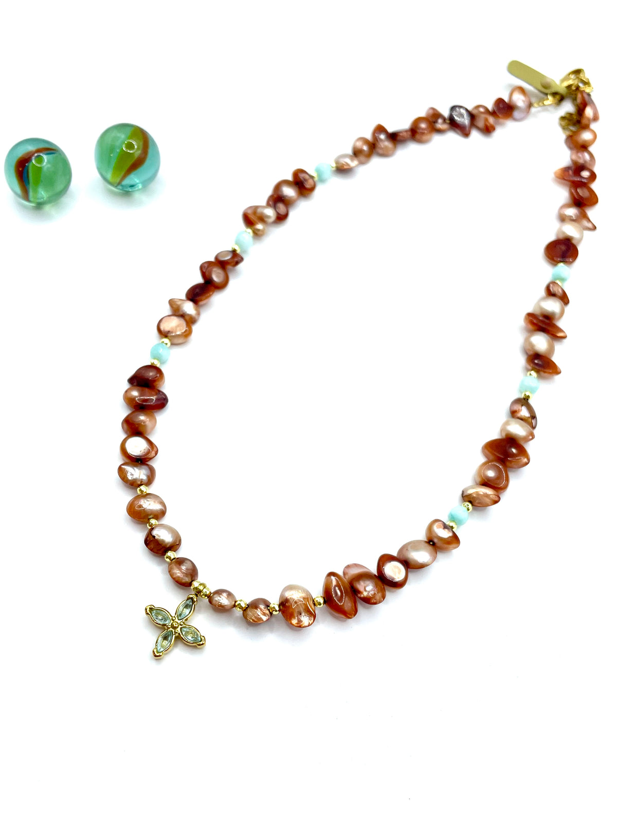 Bronze baroque pearls & ciel crystal cross