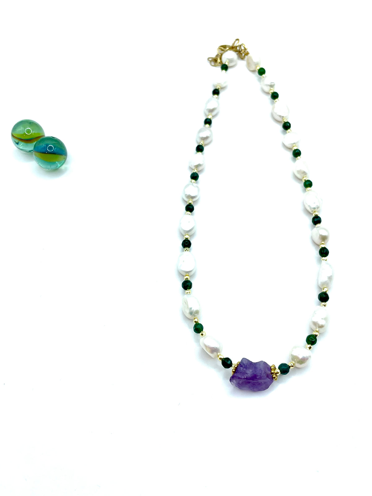 Cultivated real pearls & rough amethyst necklace
