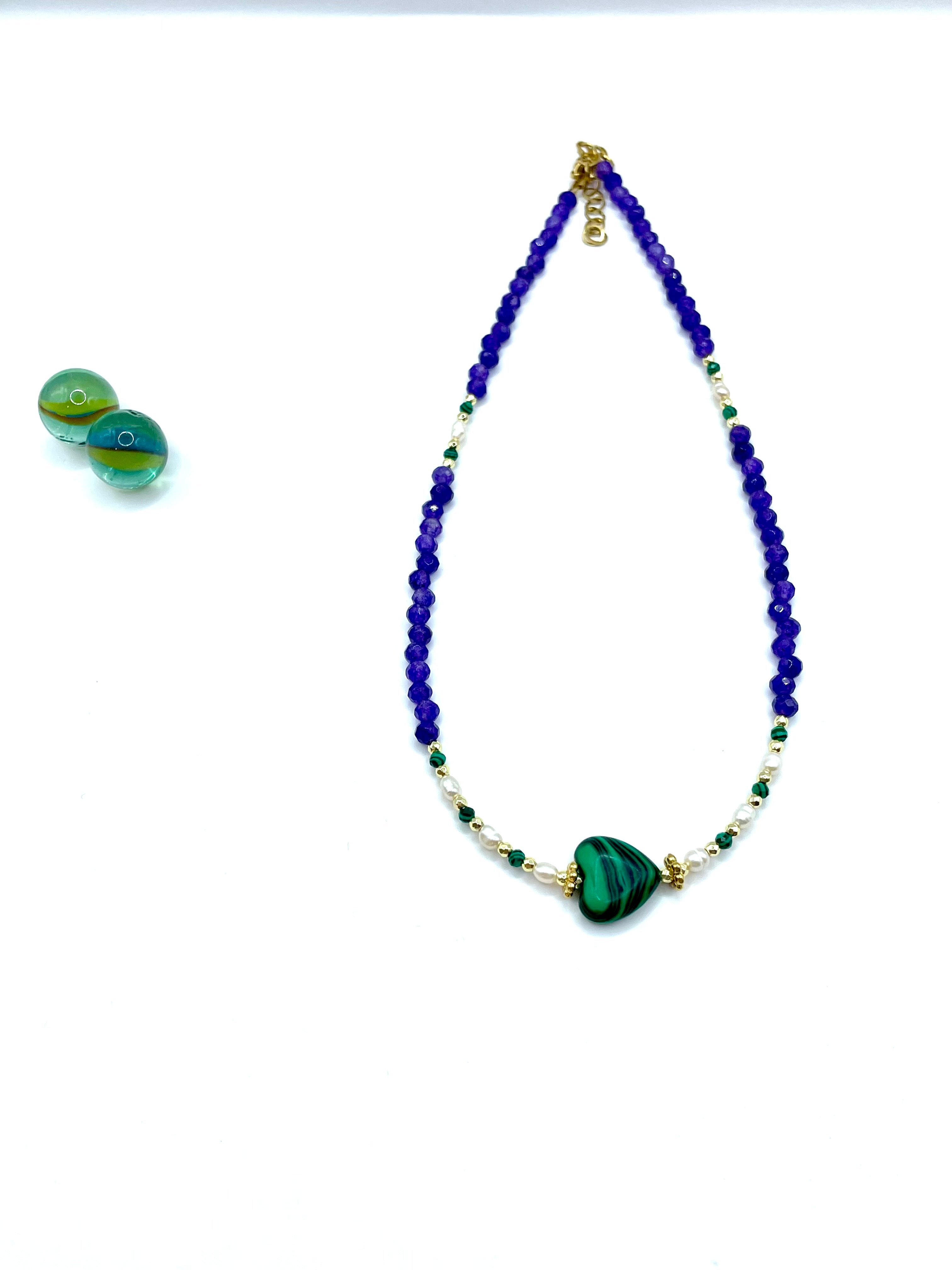 Malachite “HEART” , jade & pearls necklace