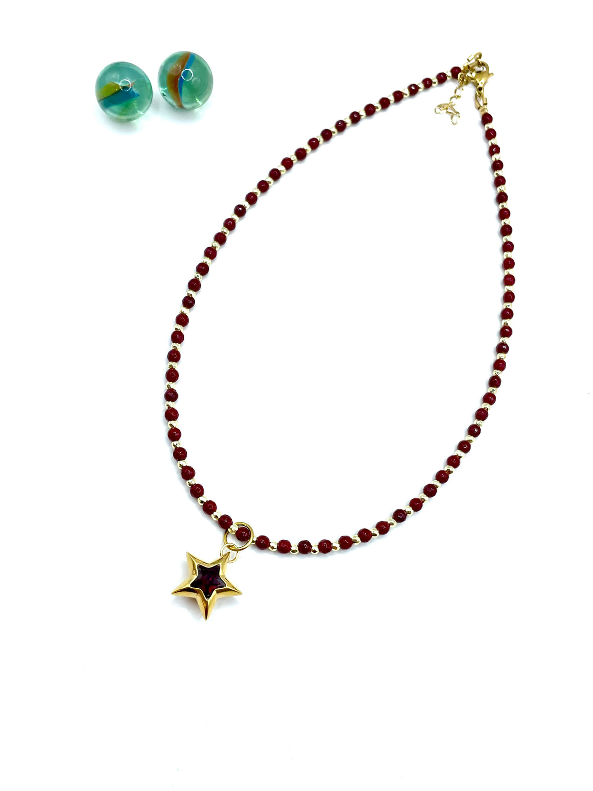 ''LUCKY STAR'' NECKLACE (bordeaux agate / gold hematite )