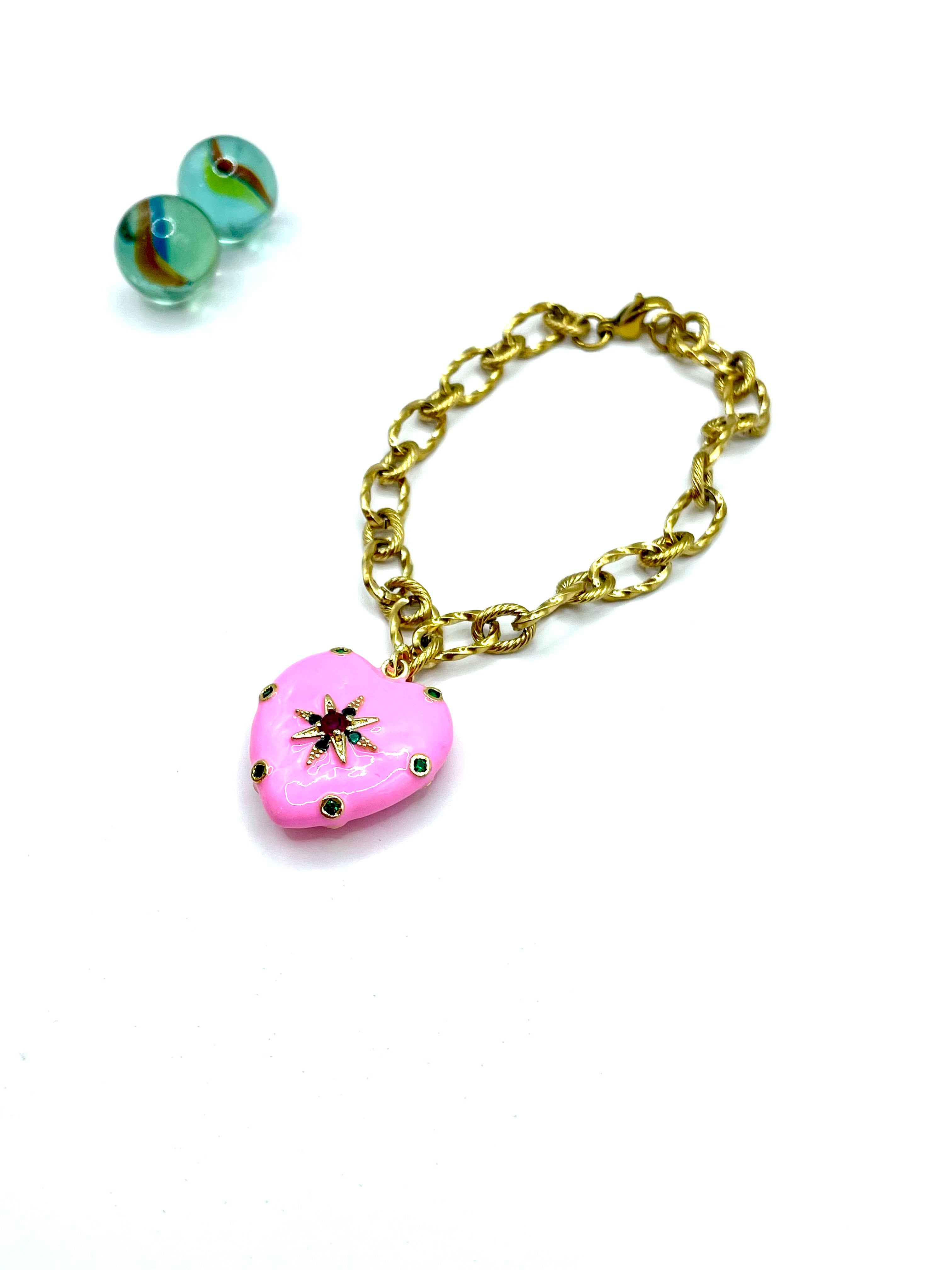 ''ENAMELLED HEART'' charm bracelet (pink)