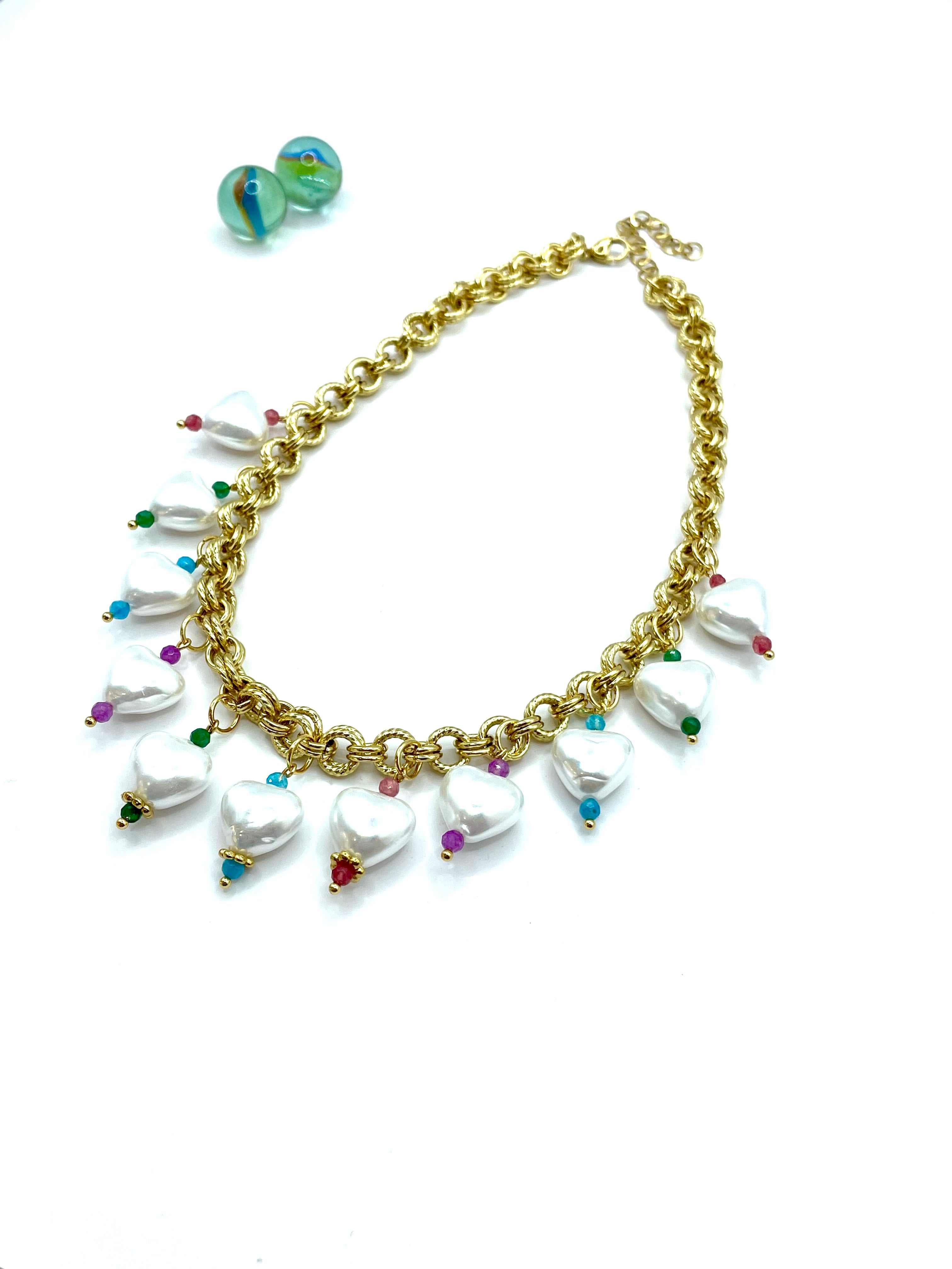 ''SHELL PEARL HEARTS'' STEEL CHAIN NECKLACE (multi)