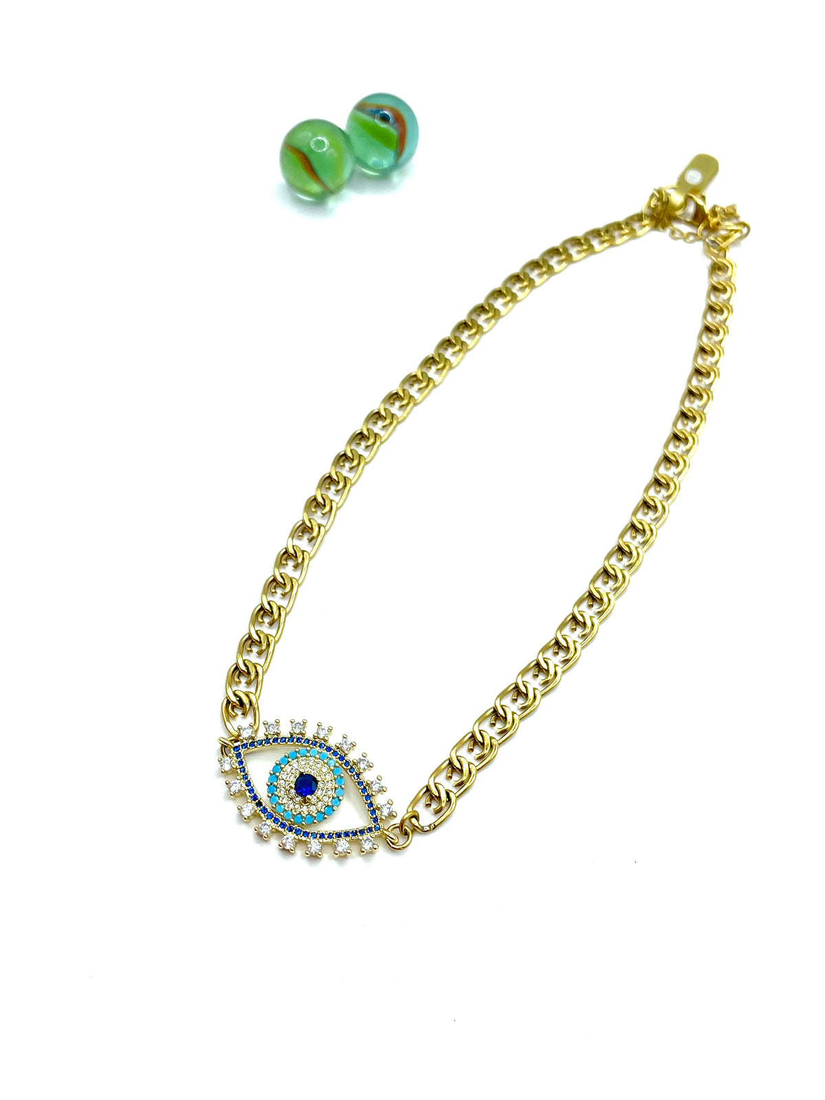 ''EVIL EYE ZIRCONIA'' CHOKER STEEL CHAIN NECKLACE