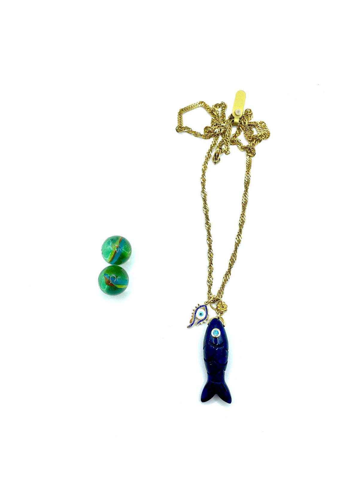 Lapis lazuli “fish” pendant/ steel chain necklace
