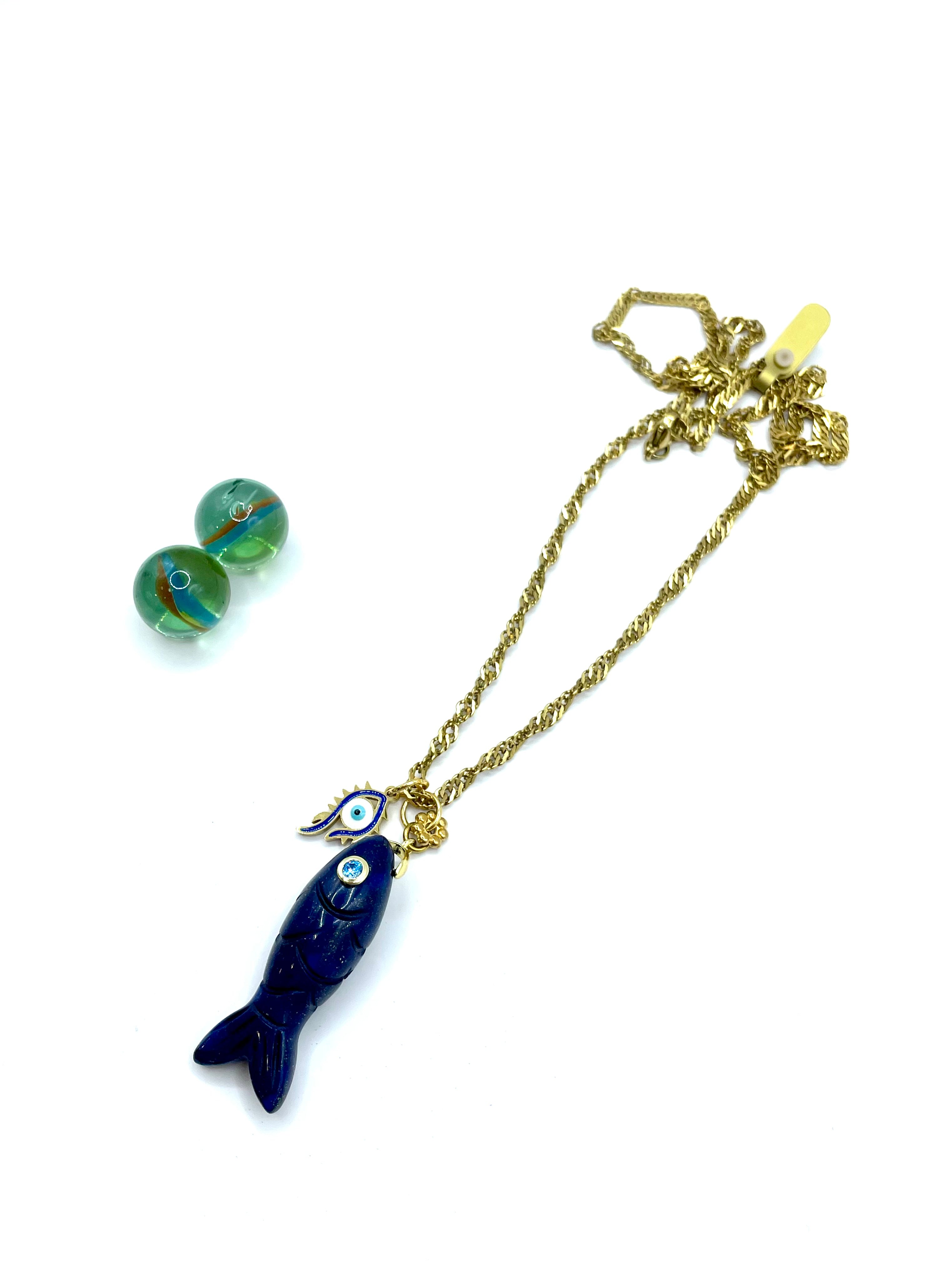 Lapis lazuli “fish” pendant/ steel chain necklace