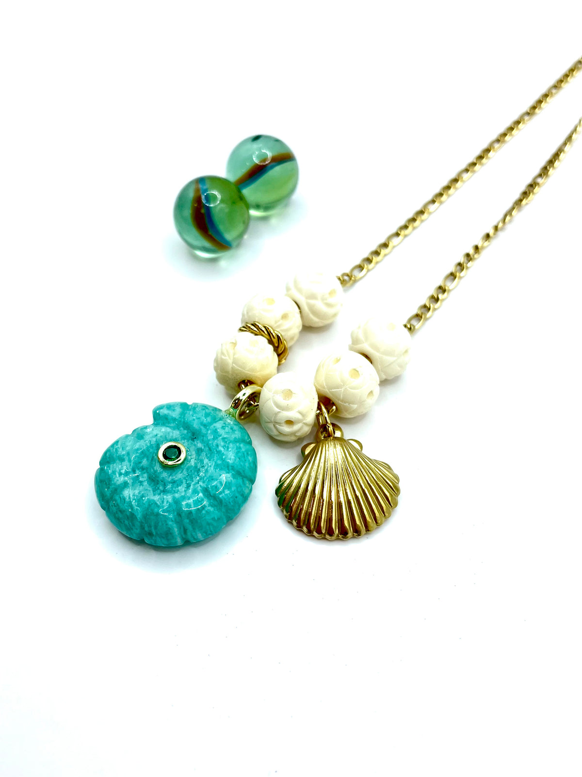 Amazonite “shell” pendant / steel chain necklace