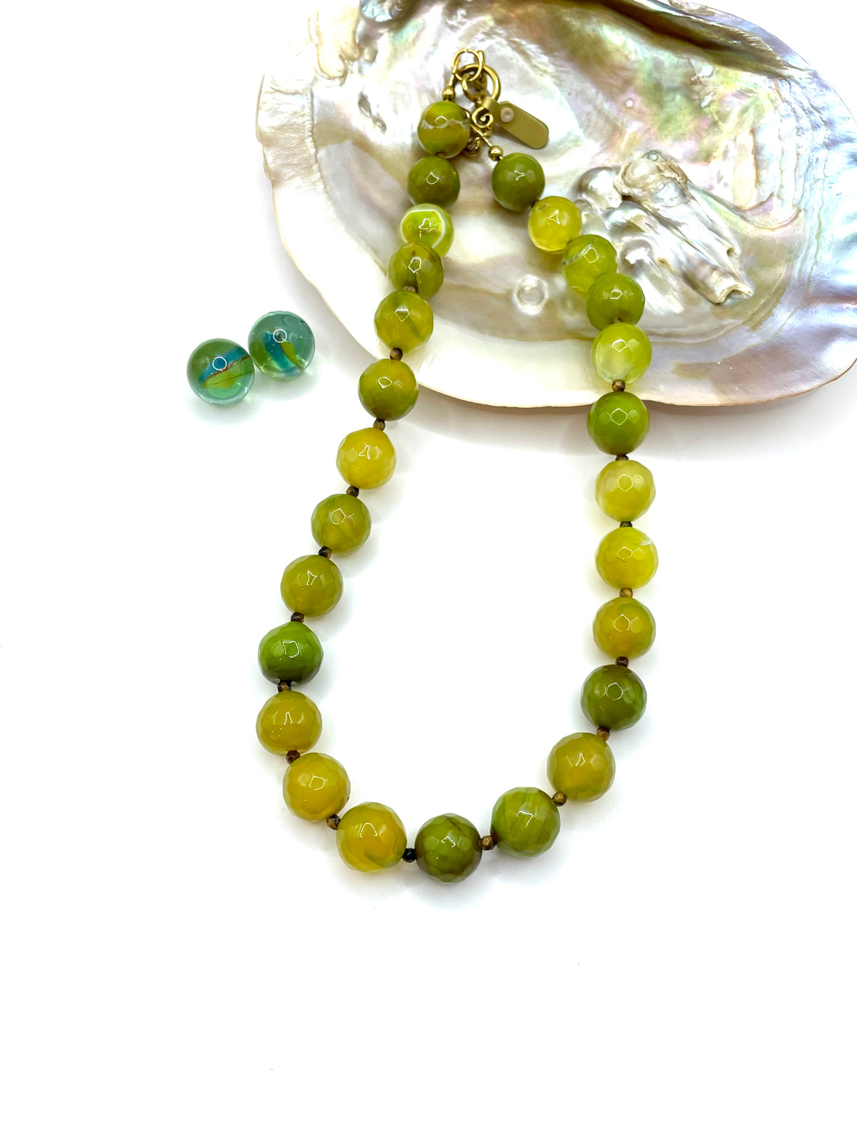 AGATE (LIME) & TIGER'S EYE GEMSTONE NECKLACE 14MM