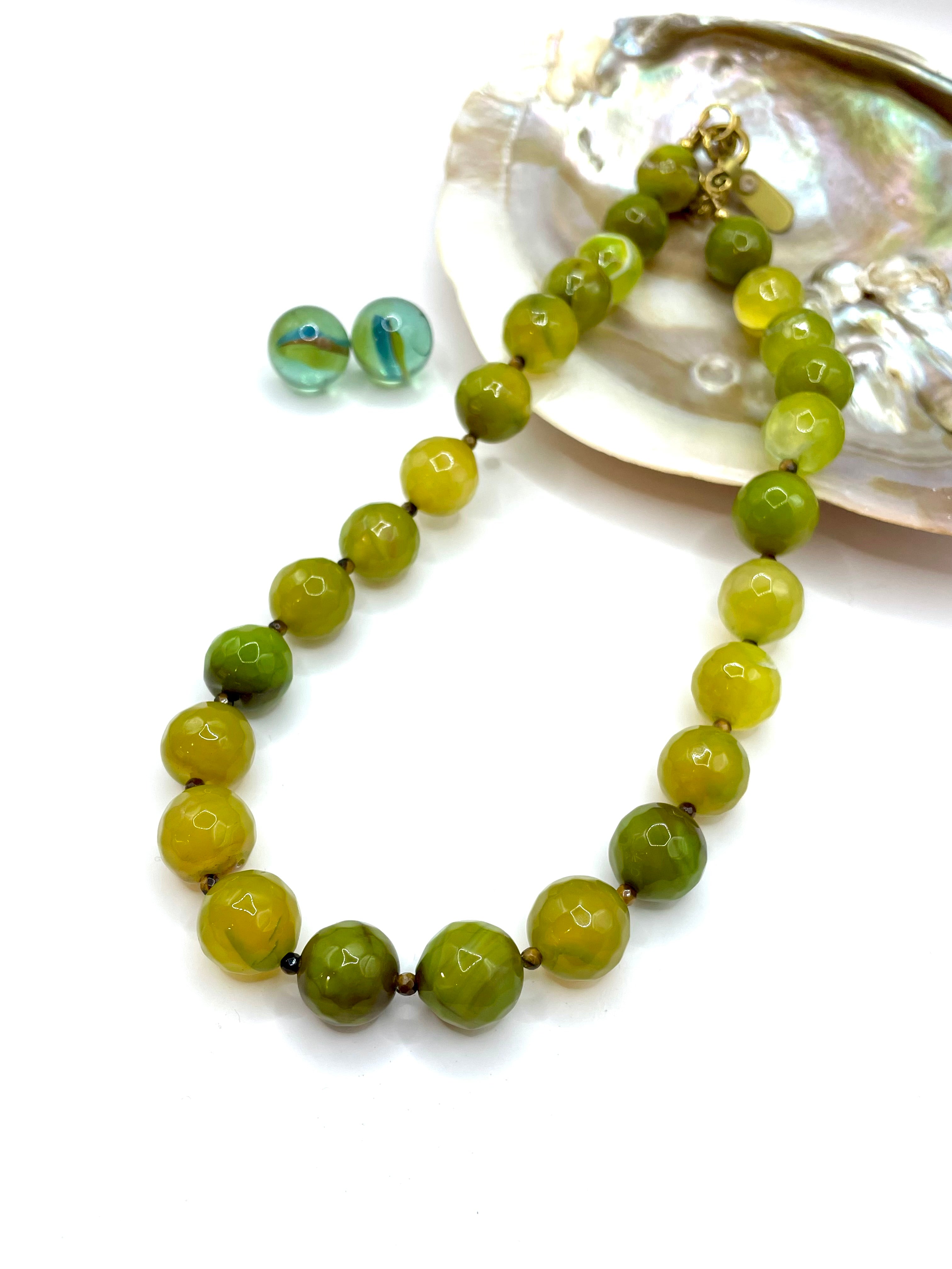 AGATE (LIME) & TIGER'S EYE GEMSTONE NECKLACE 14MM