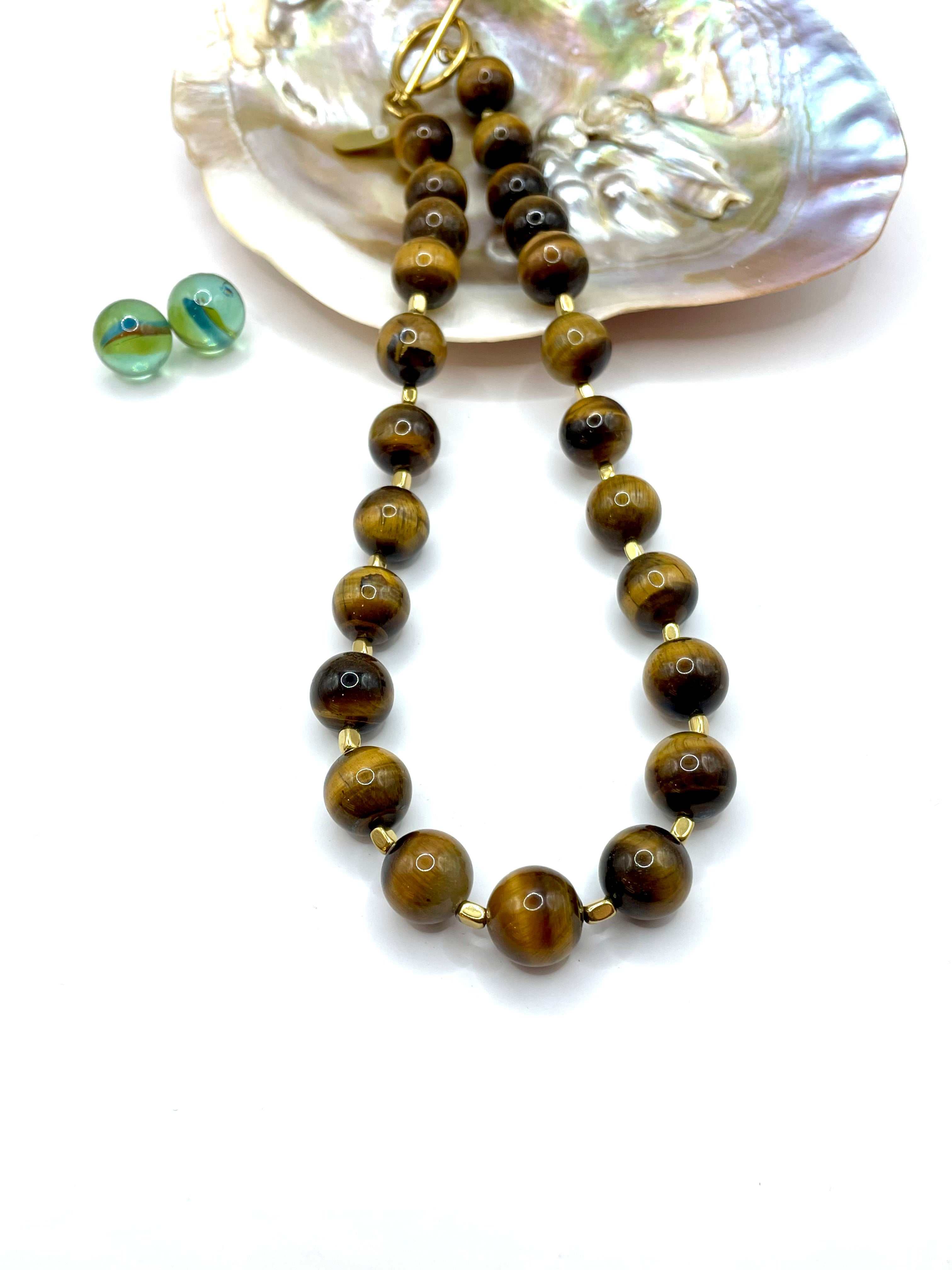 TIGER'S EYE & HEMATITE GEMSTONE NECKLACE 14MM