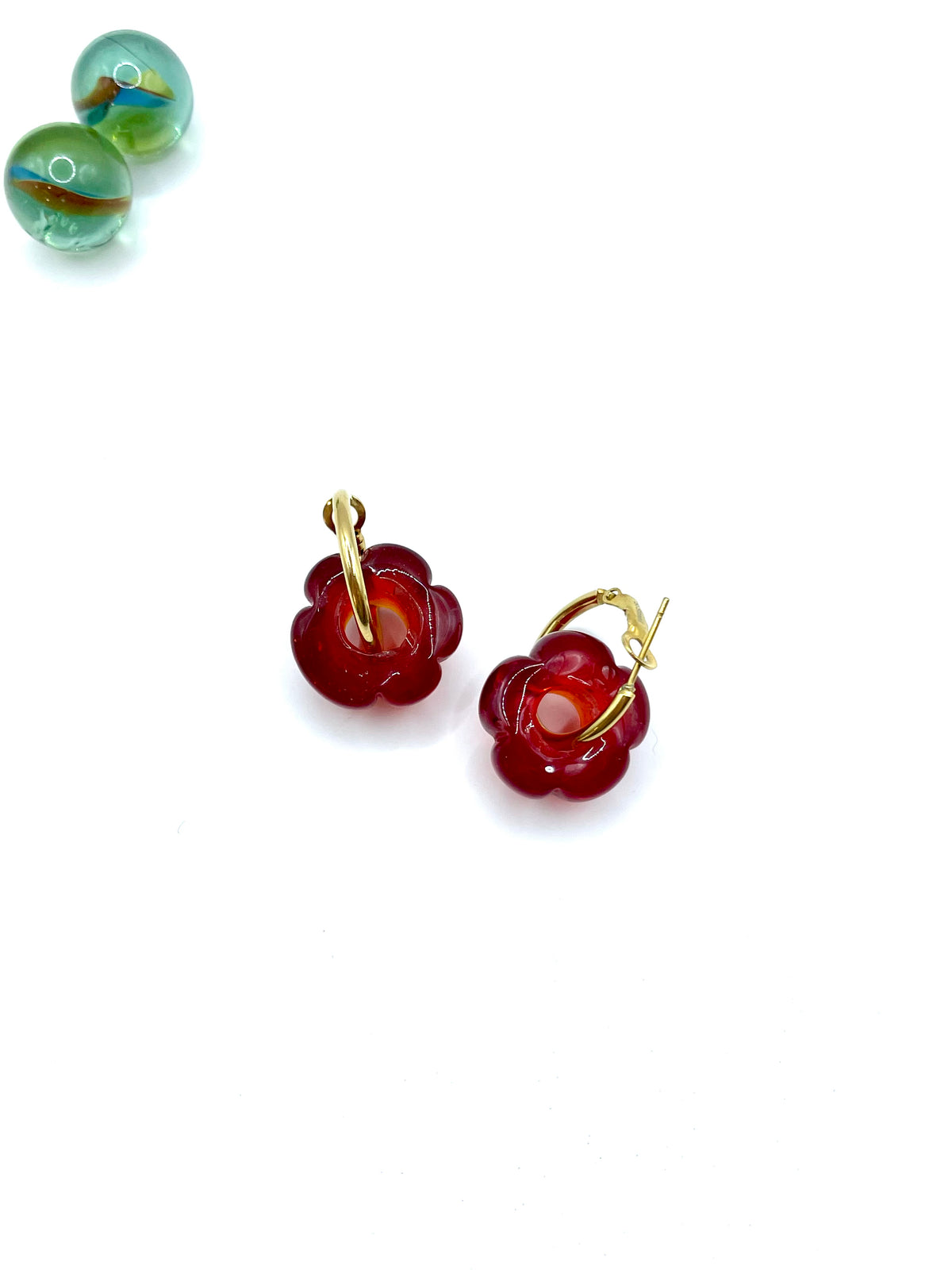 murano glass red ''flower'' hoops ( small )