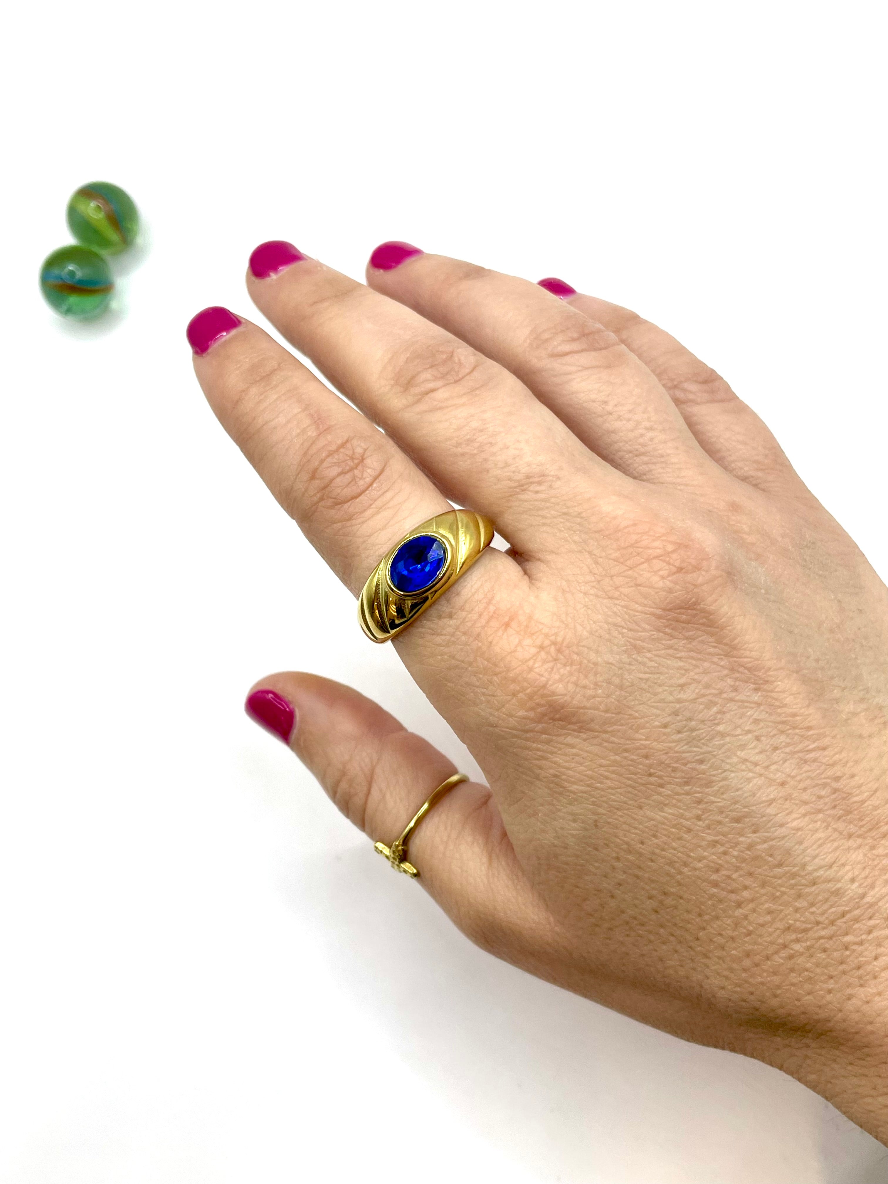 “Croissant/blue crystal” stainless steel RING